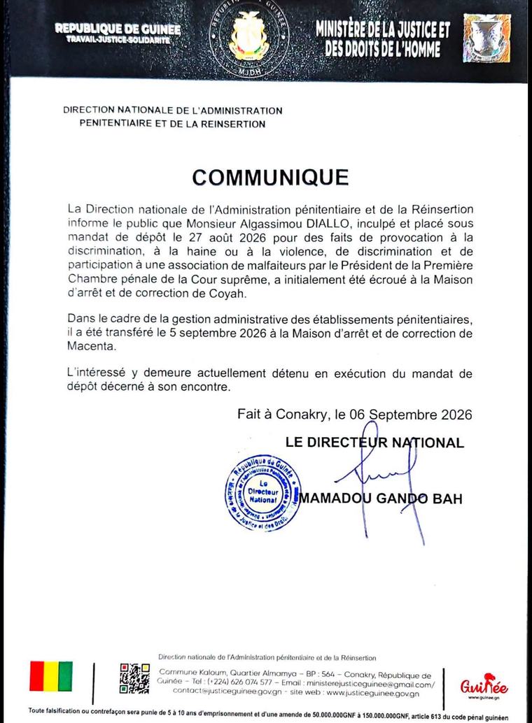 Guinée : après l’inquiétude de ses proches, l’ex procureur Algassimou Diallo annoncé à la prison de Macenta