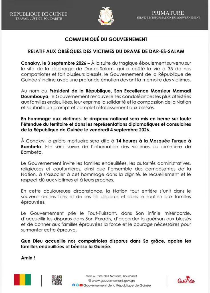 Drame de Dar-es-Salam : le Gouvernement annonce des obsèques nationales le 4 septembre, drapeau en berne